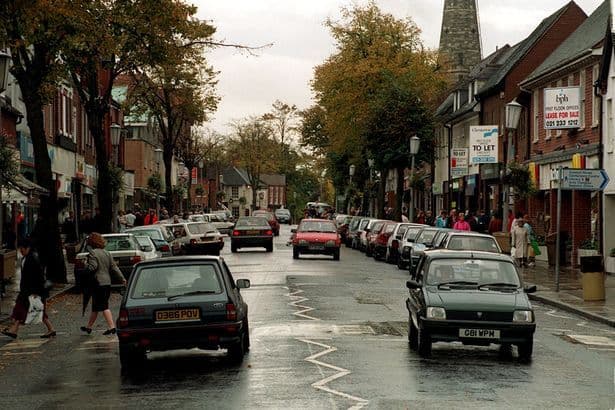 A Solihull, UK high street in the 1980s: the era of the butcher, baker and corner shop owner who knew every customer's order