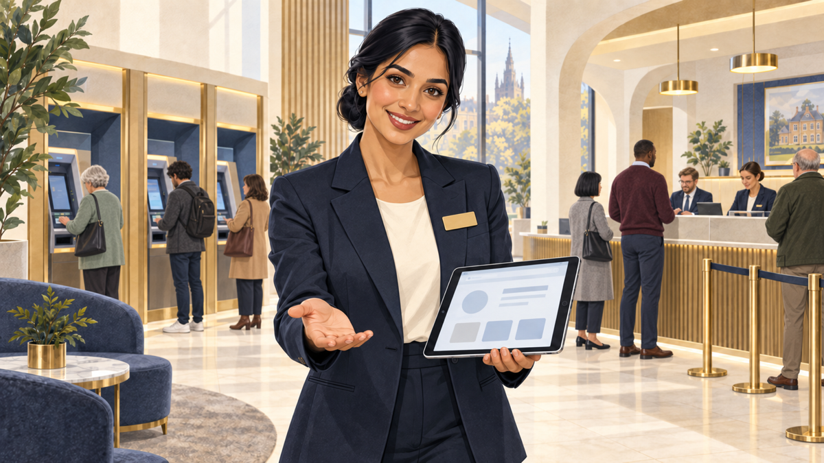 A bank branch concierge stands at the entrance, welcoming a customer and offering help with a tablet, while other customers use cash machines and wait at the counter.