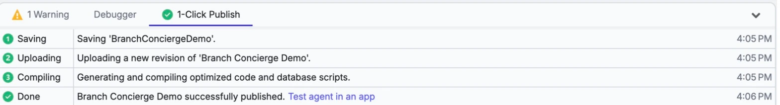 The 1-Click Publish panel in ODC Studio: Saving, Uploading and Compiling, then Done, Branch Concierge Demo successfully published, with a Test agent in an app link and one warning.