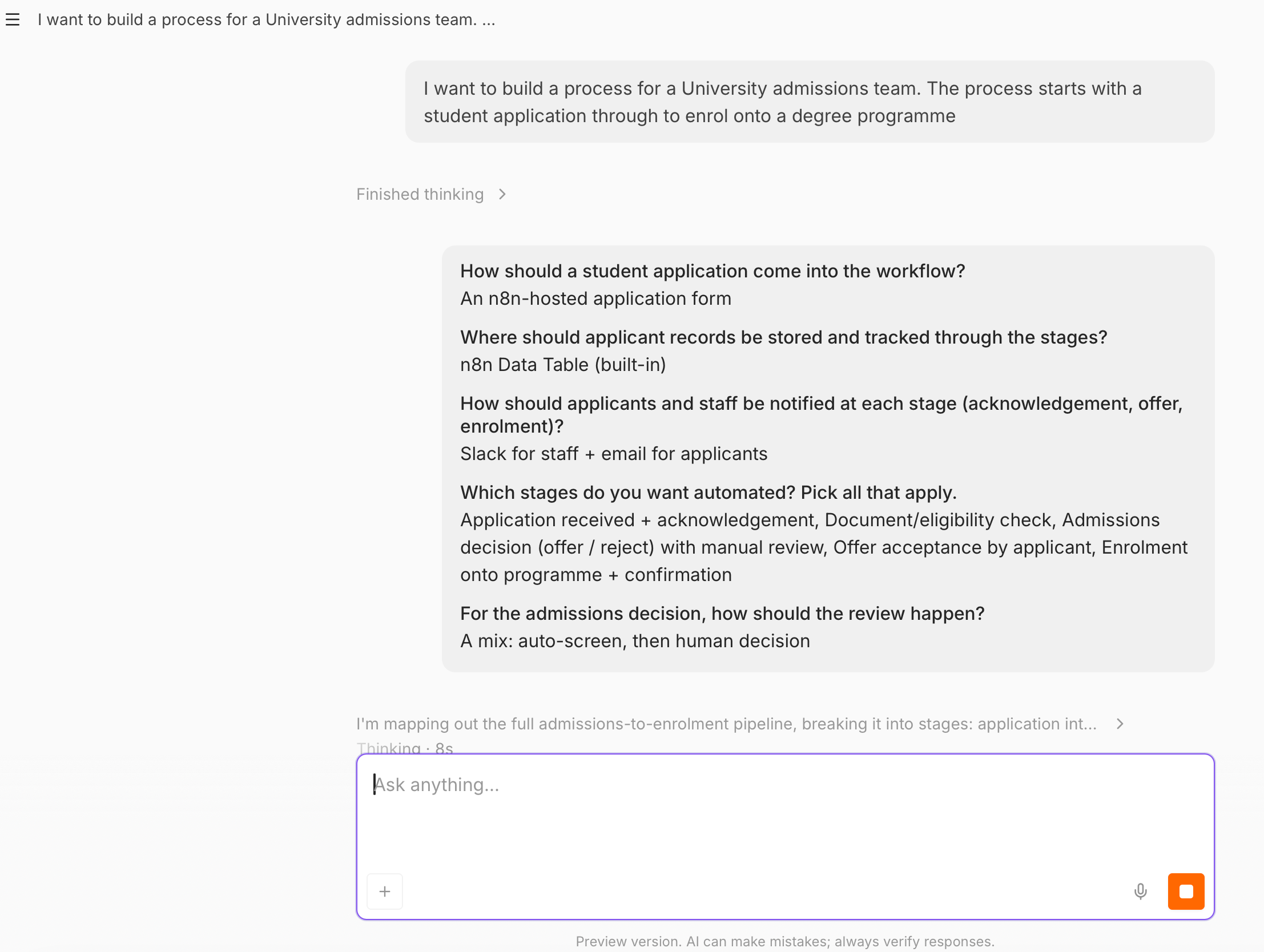 The n8n AI assistant chat: a one-line brief about a university admissions team, then the assistant's clarifying questions with the answers, an n8n-hosted form, the built-in n8n Data Table, Slack for staff and email for applicants, the stages to automate and a mix of auto-screen then human decision.