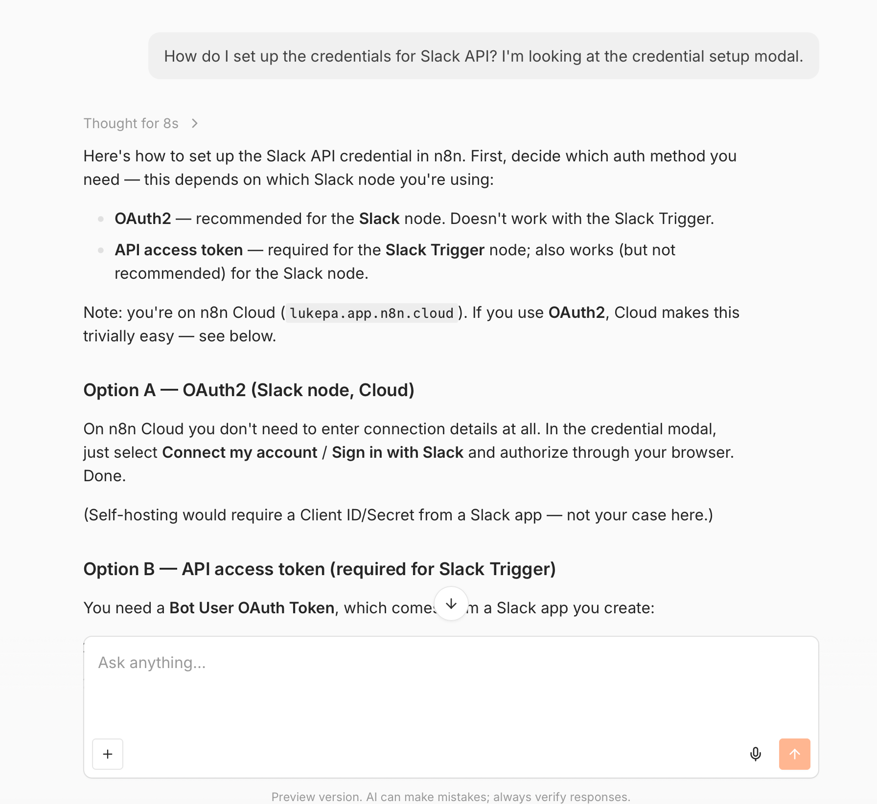 The n8n AI assistant answering a question about setting up Slack API credentials, explaining when to use OAuth2 versus an API access token and which Slack nodes each one suits.